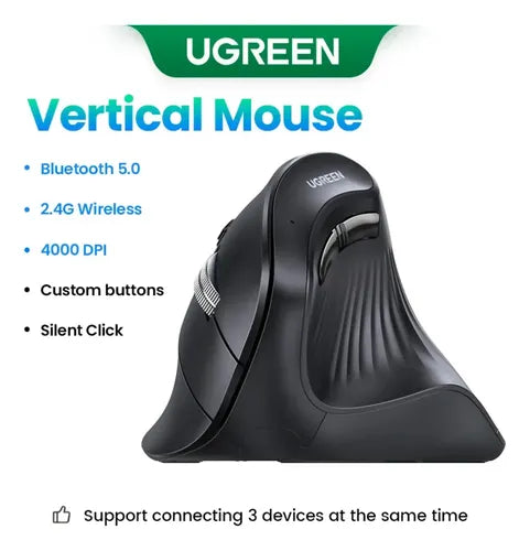 UGREEN MOUSE INALAMBRICO VERTICAL 2.4GHZ+BT TRIPLE CONEXION (1W+2BT) BLACK MU008