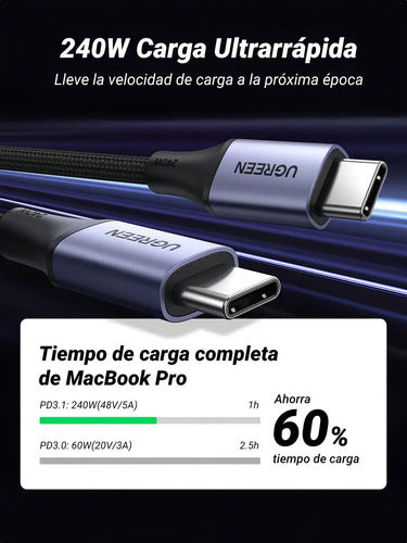 Cable Usb C A C Ugreen De Carga Rápida 240w Para Macbook Pro Y iPad Plateado