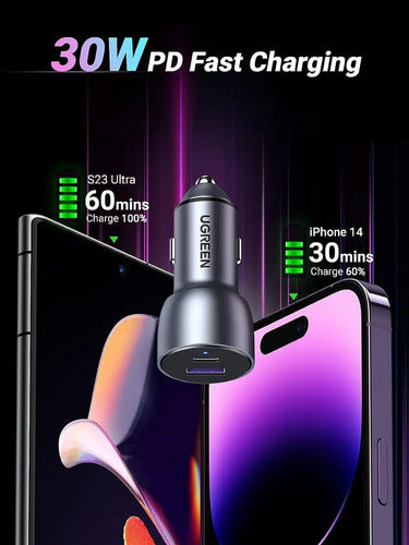 UGREEN CARGADOR RÁPIDO PARA AUTO USB-C PD+USB-A QC (30+22,5)W