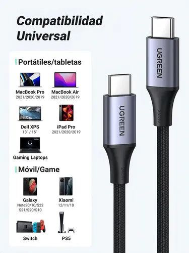 Cable Usb C A C Ugreen De Carga Rápida 240w Para Macbook Pro Y iPad Plateado