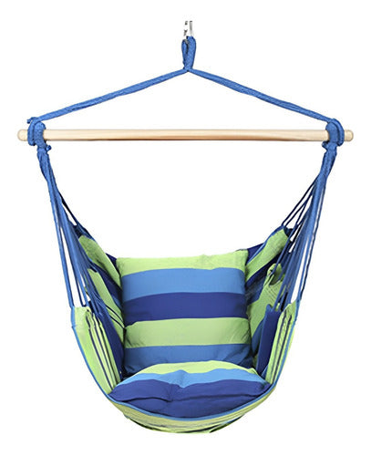 Silla Hamaca Colgante Columpio Color Azul Y Verde Con Dos Almohadas Para Jardin