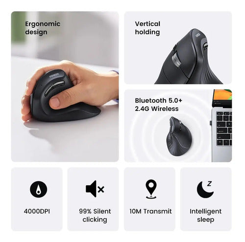 UGREEN MOUSE INALAMBRICO VERTICAL 2.4GHZ+BT TRIPLE CONEXION (1W+2BT) BLACK MU008