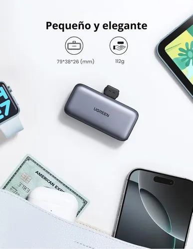 Power Bank Mini Ugreen 5000 Mah, Conector Usb-c, 20 W, Color Gris