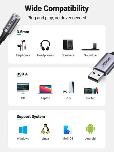 Cable Adaptador 20cm UGREEN Negro con Entrada USB Salida Jac - imagen 7
