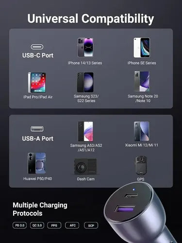 UGREEN CARGADOR RÁPIDO PARA AUTO USB-C PD+USB-A QC (30+22,5)W