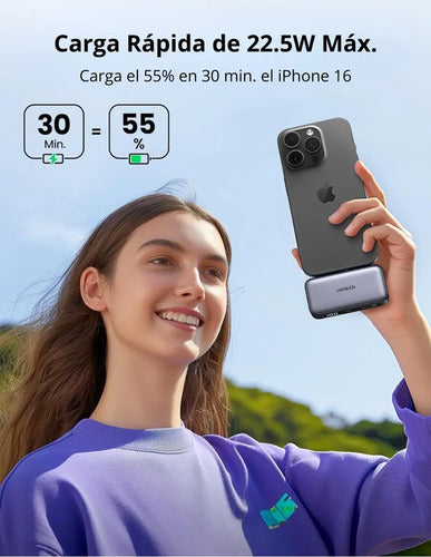 Power Bank Mini Ugreen 5000 Mah, Conector Usb-c, 20 W, Color Gris