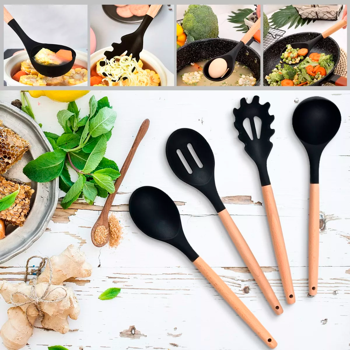 Set 19 Utensilios De Cocina De Acero Inoxidable Y Silicona