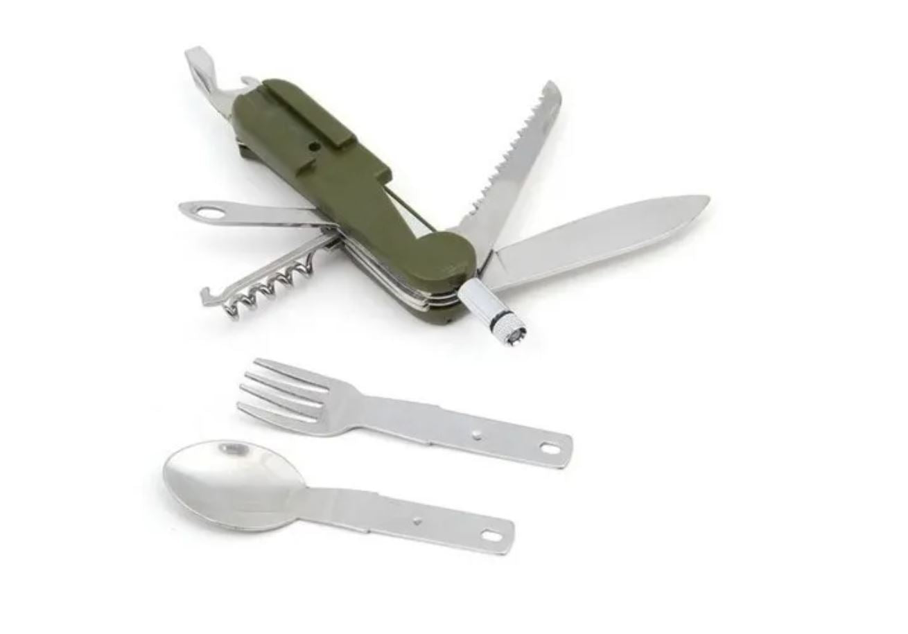 Set Cubiertos Portátil Camping Trekking 8 En 1 Con Linterna