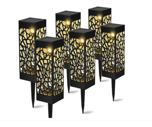 Pack 6 Foco Led Solar Estaca Jardín Tallado Luz Cálida