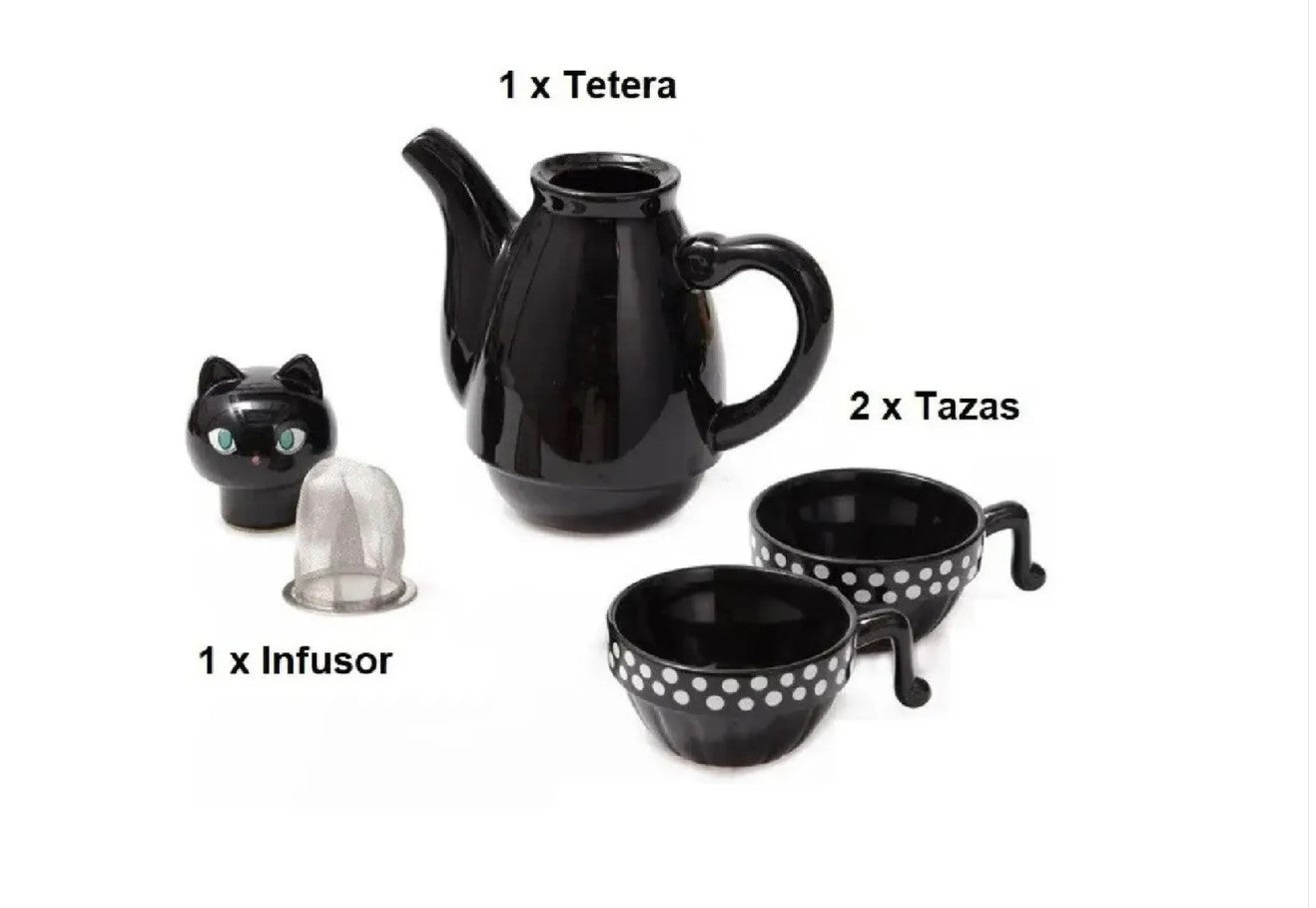 Set Tetera Gato Infusor + 2 Tazas Mug Gatos