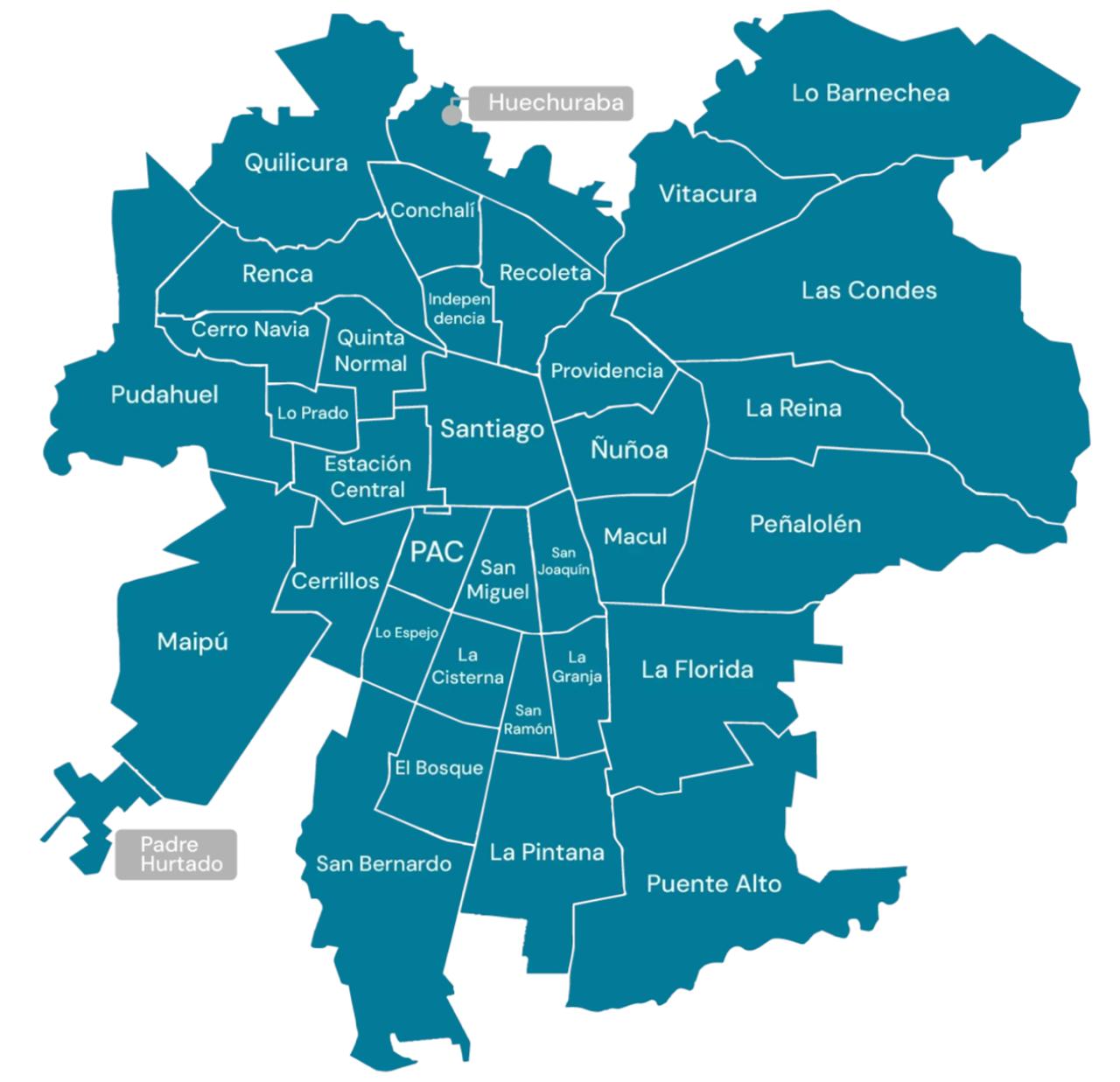 Mapa de comunas con cobertura de despacho rapido en Santiago